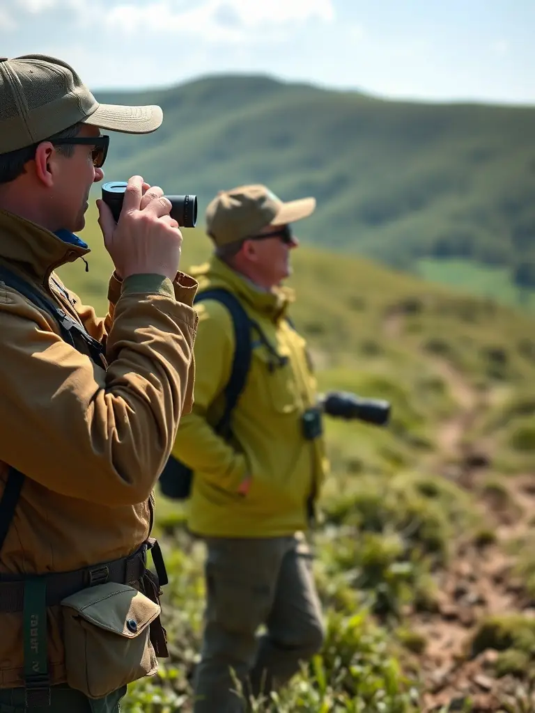 A photograph showing association members conducting a wildlife census, using binoculars and tracking equipment to monitor animal populations in the Anglards-de-Salers region.
