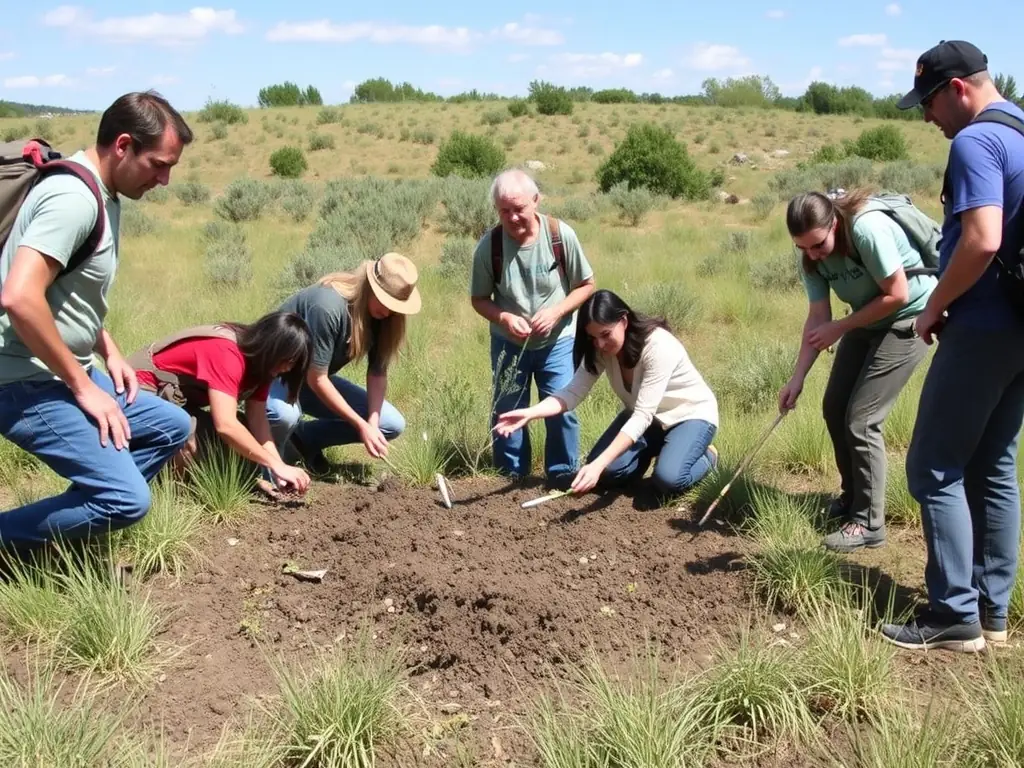 Volunteers planting native trees and shrubs in a deforested area, with a focus on biodiversity and habitat restoration. The image highlights the organization's commitment to environmental conservation.