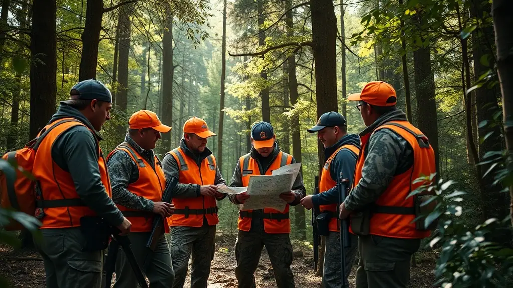 A group of hunters participating in a wildlife management program, wearing orange vests and carrying binoculars.