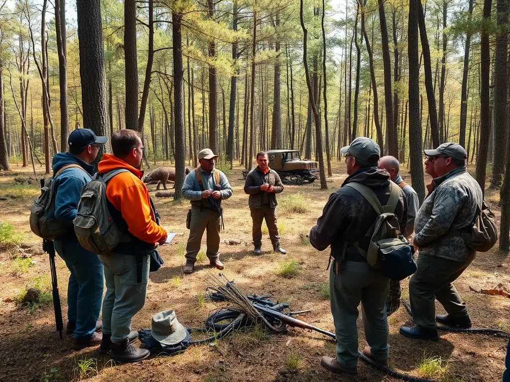 A group of young people participating in an educational workshop on responsible hunting practices and wildlife conservation, led by experienced members of the association.