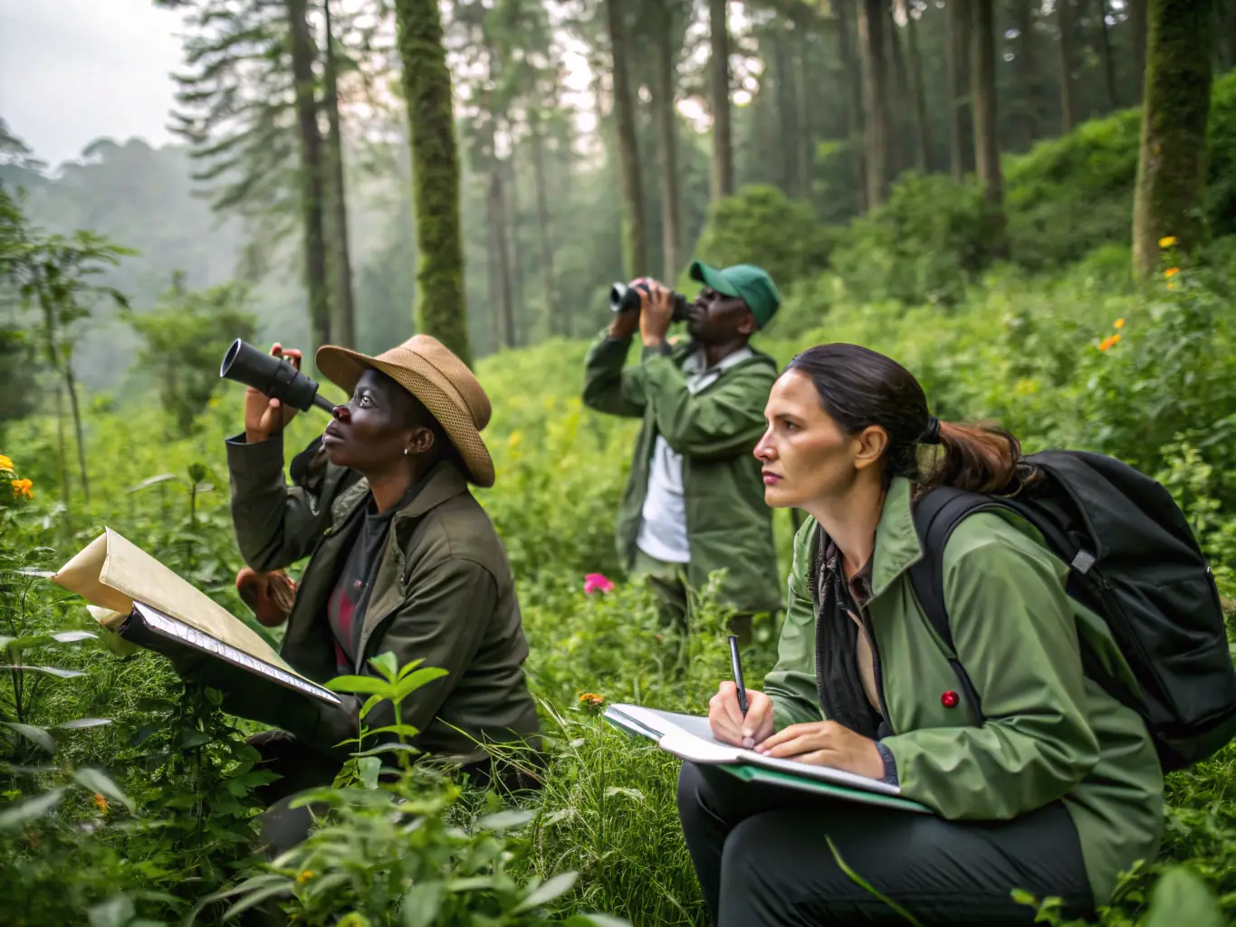 A photograph showcasing a wildlife management team monitoring animal populations in their natural habitat in Anglards-de-Salers. The image should highlight the scientific approach and dedication involved in wildlife conservation.