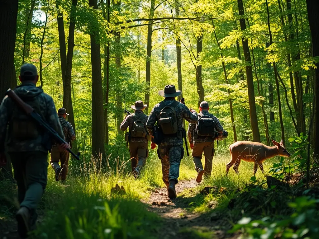 A group of hunters participating in a wildlife census in a lush, green forest, using binoculars and recording data on tablets. The scene emphasizes responsible wildlife management and data collection.