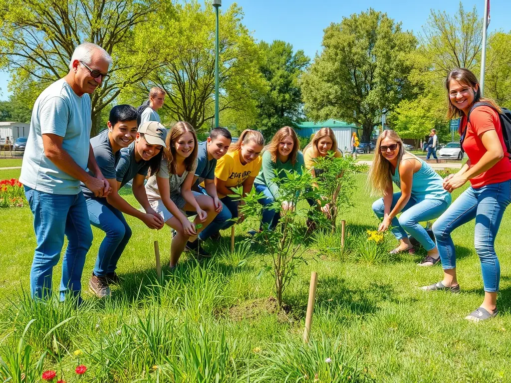 A photograph depicting a group of volunteers planting trees as part of a habitat restoration project in Anglards-de-Salers. The image should convey a sense of community involvement and environmental stewardship.