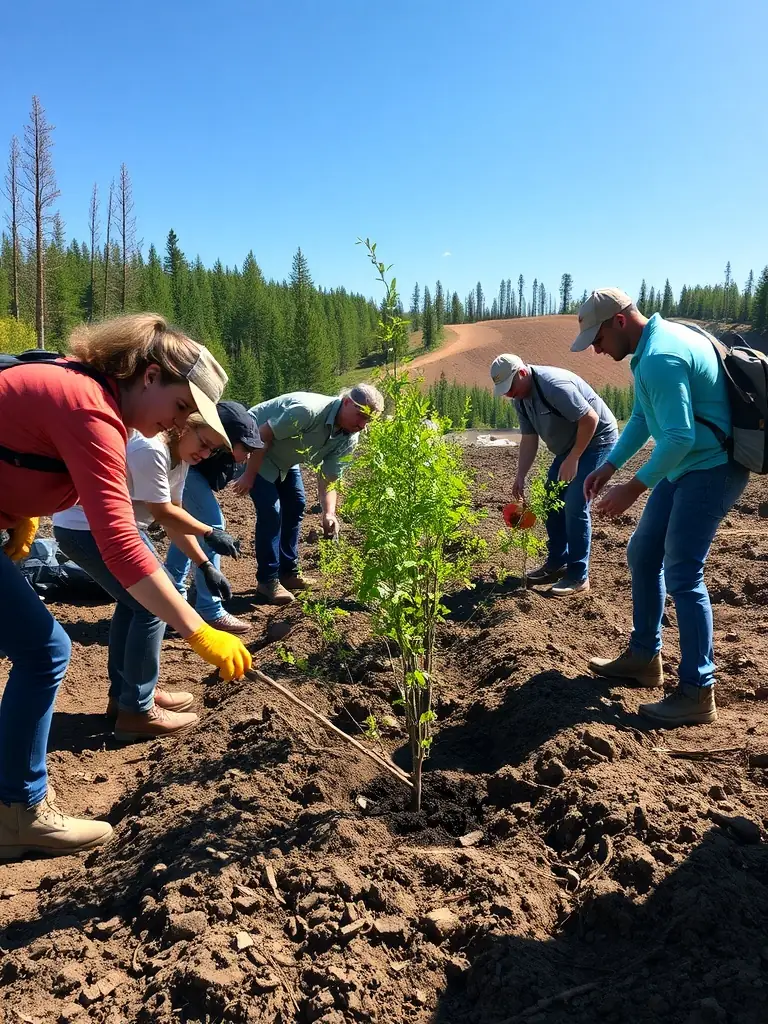 A photograph depicting a group of association members participating in a habitat restoration project, planting native trees in a deforested area, showcasing their commitment to environmental conservation.