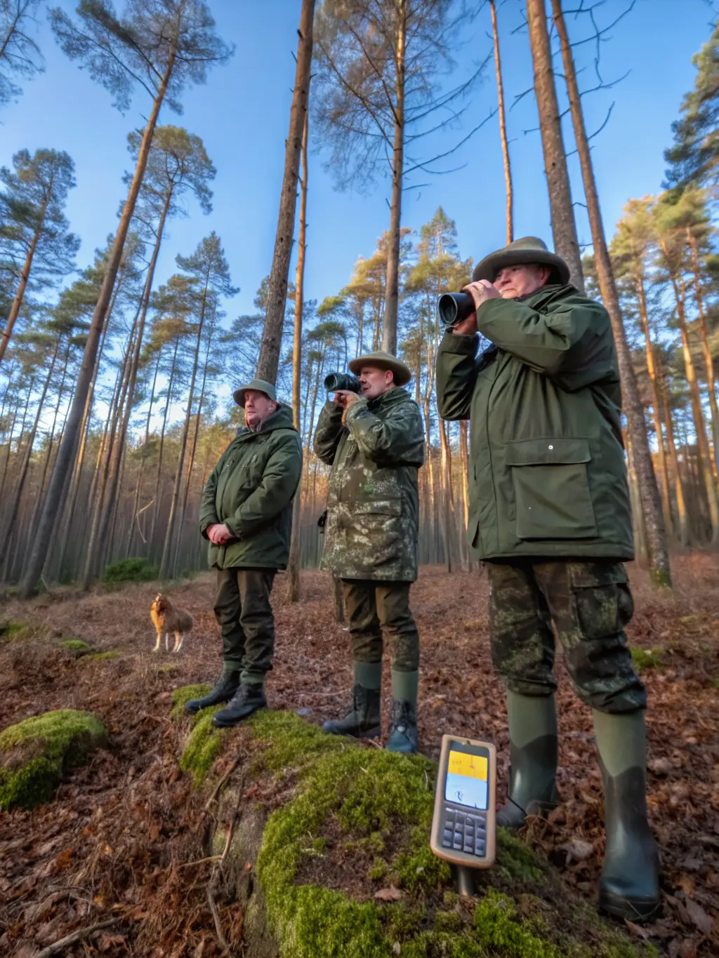A group of association members participating in a wildlife monitoring activity, using binoculars and tracking devices to assess animal populations and their health.
